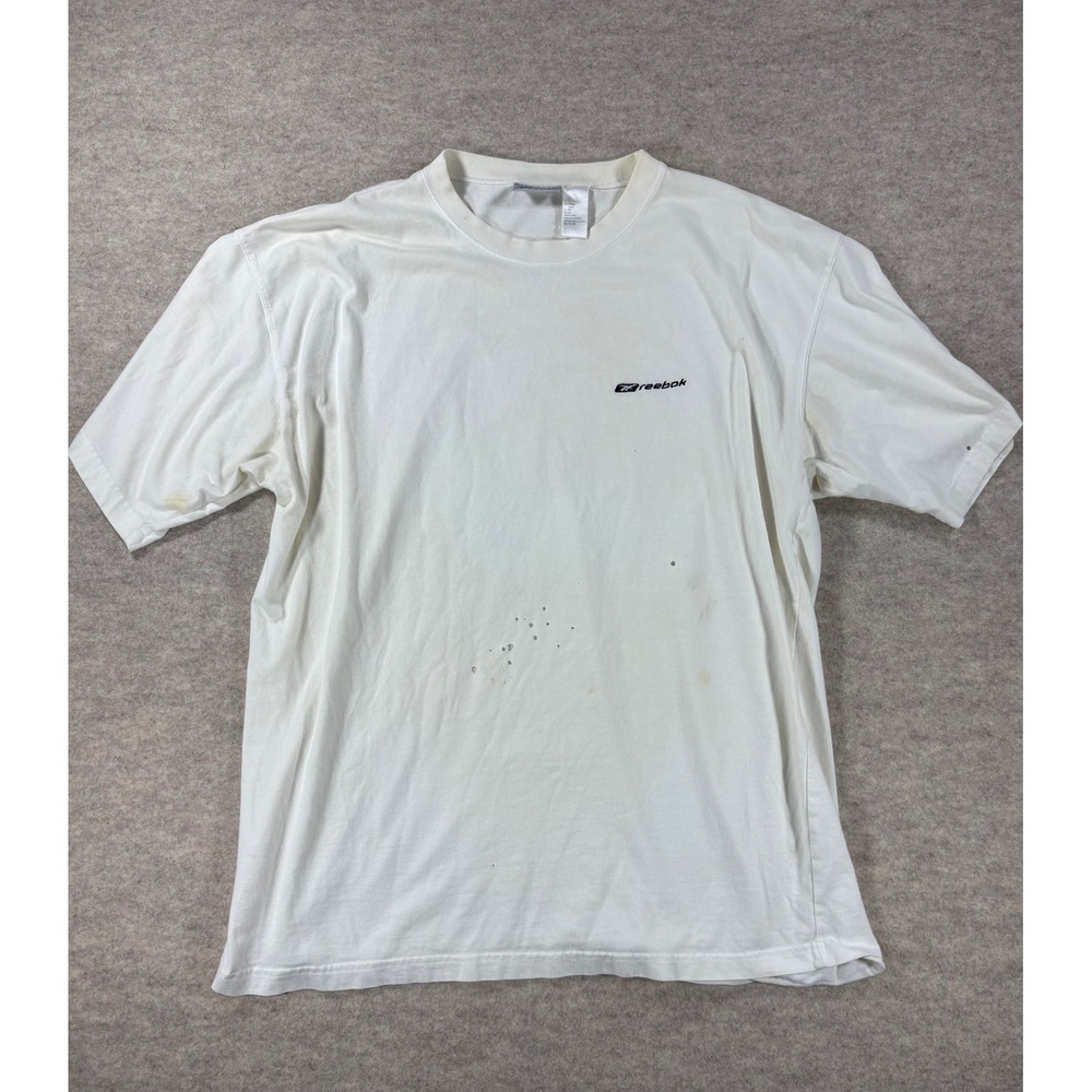 Vintage Reebok Mens White Short Sleeve Embroidered Logo T-Shirt Size XL Cotton